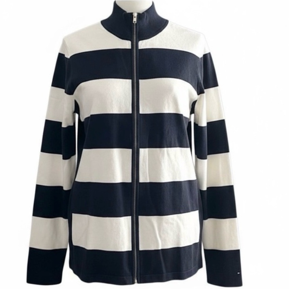 Tommy Hilfiger Womens Navy Cream Striped Zip Sweater Nautical Preppy Coastal L
